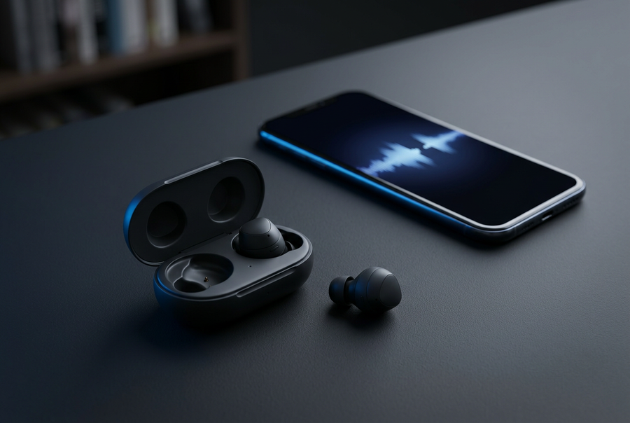 Bluetooth earbuds with charging case beside a smartphone showing an interrupted audio waveform | BaseMaxCore