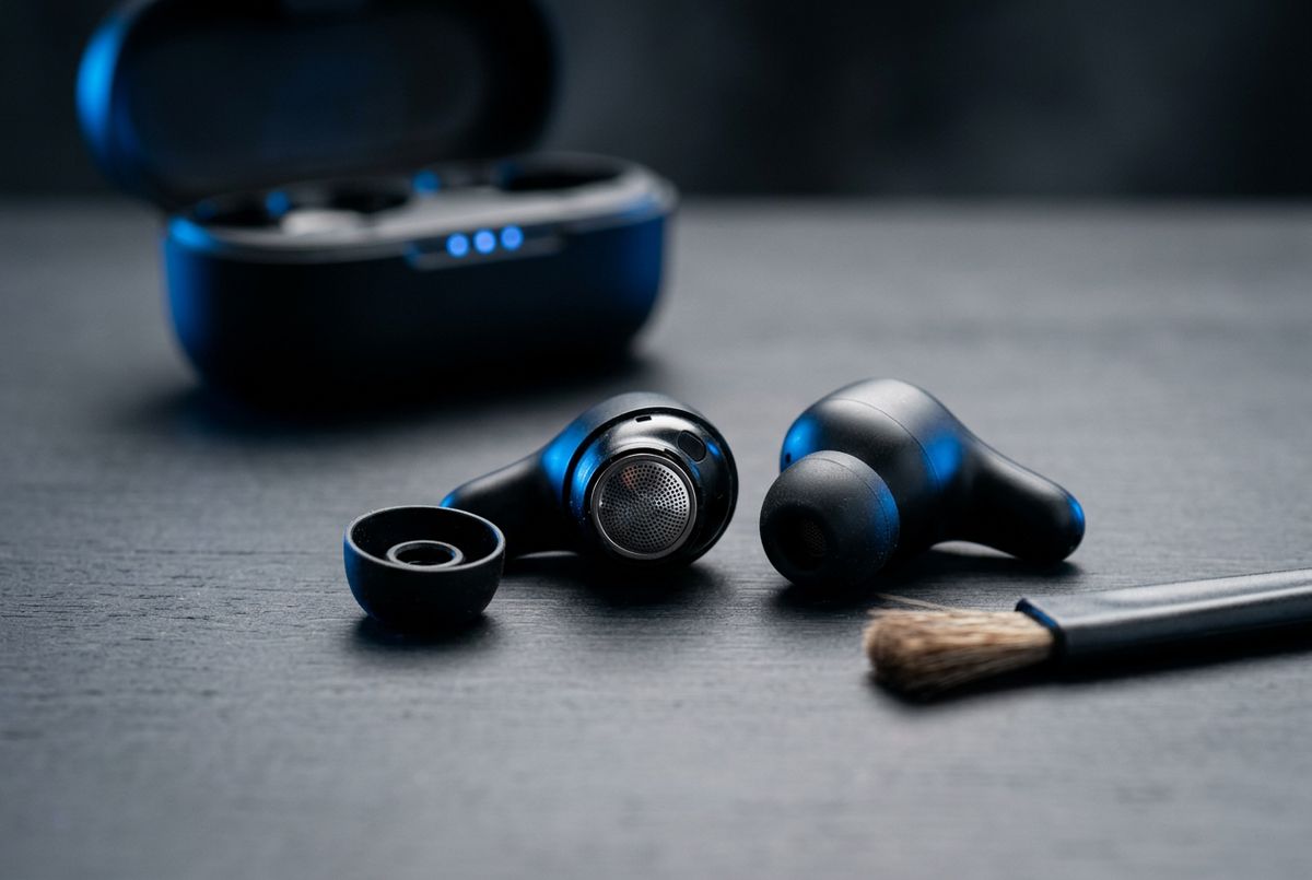 Black wireless earbuds with exposed speaker mesh, a removed silicone ear tip, and a soft cleaning brush on a dark tabletop.