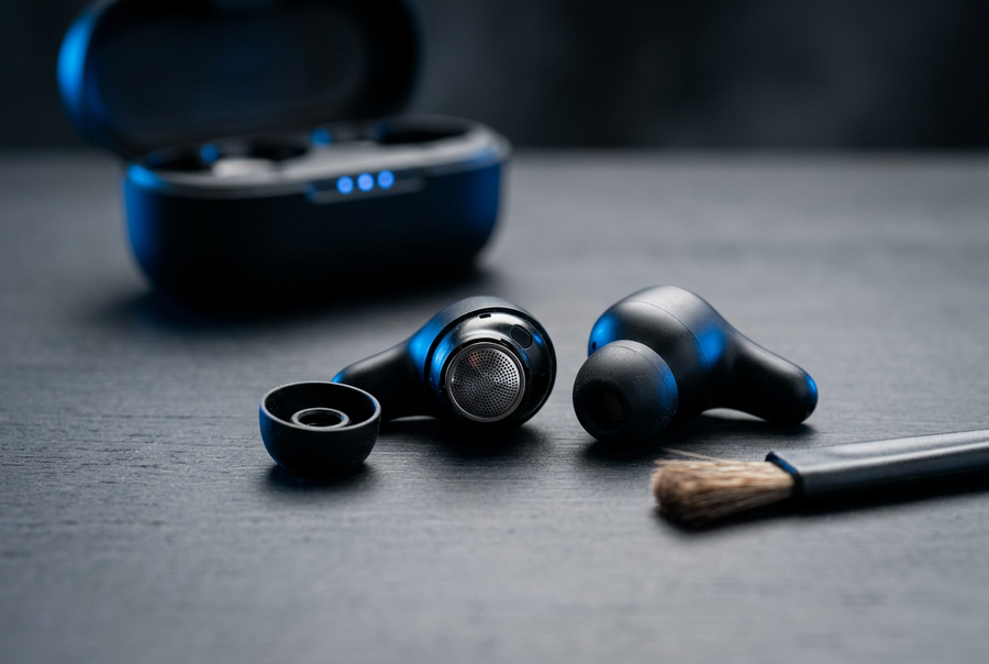 Black wireless earbuds with exposed speaker mesh, a removed silicone ear tip, and a soft cleaning brush on a dark tabletop.