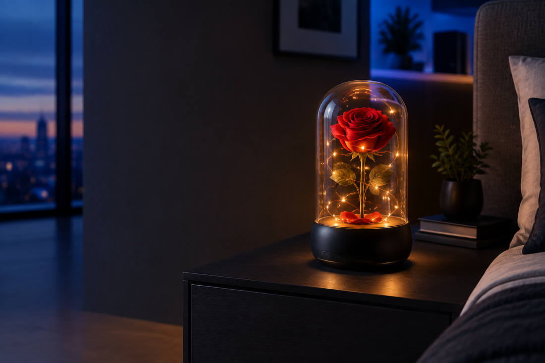 Decorative rose under a glass dome with warm LED lights on a dark bedside table