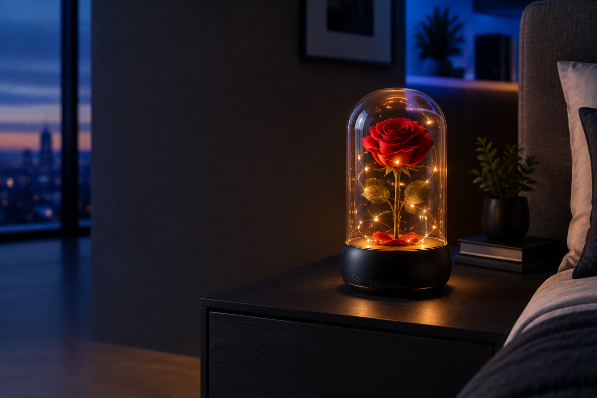 Decorative rose under a glass dome with warm LED lights on a dark bedside table