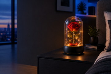 Decorative rose under a glass dome with warm LED lights on a dark bedside table