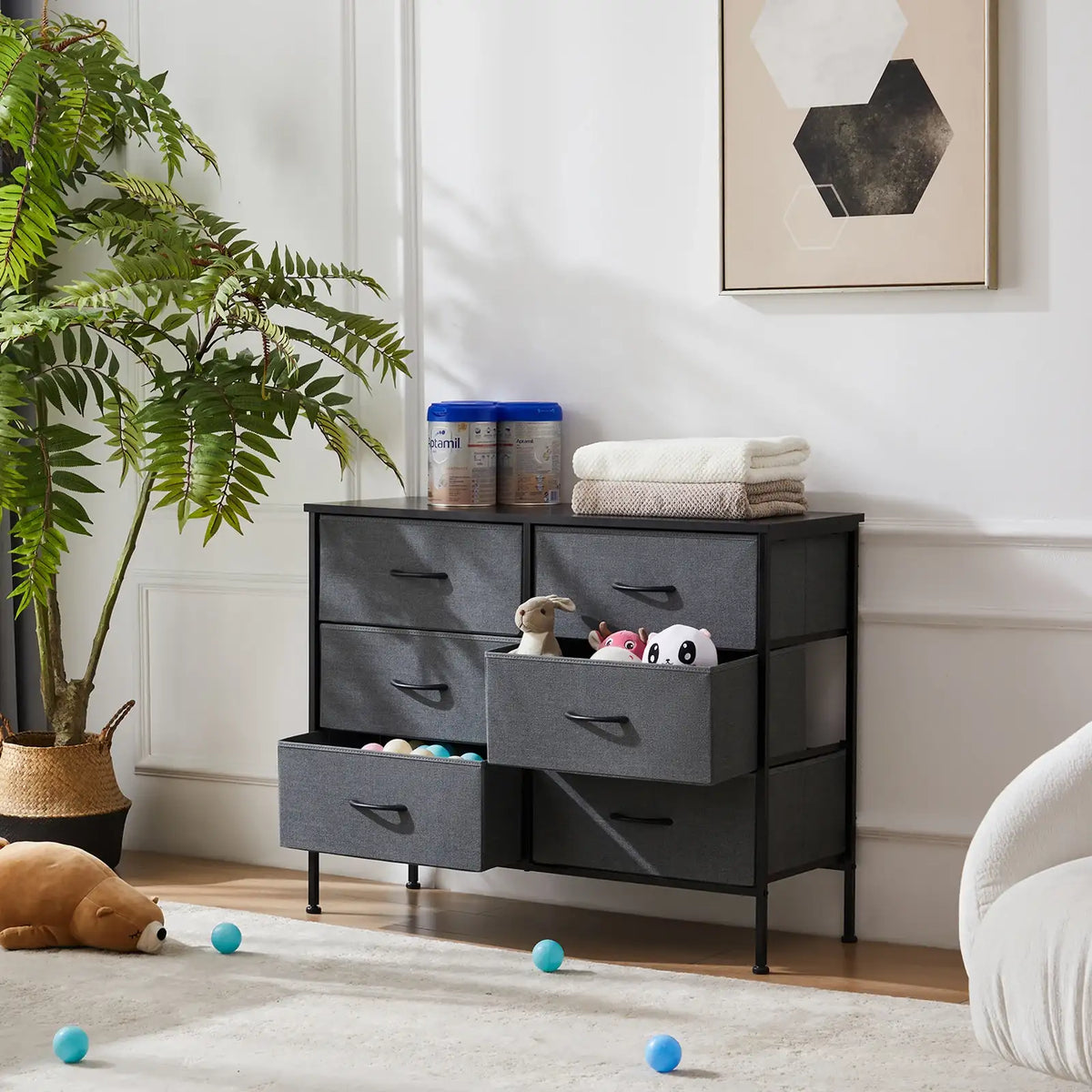 6-Drawer Fabric Dresser with Wooden Top - BaseMaxCore