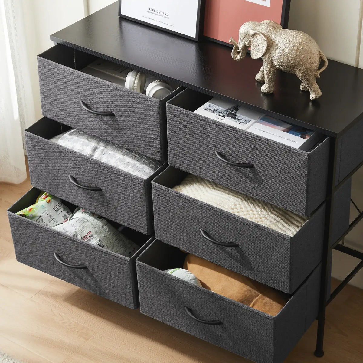 6-Drawer Fabric Dresser with Wooden Top - BaseMaxCore