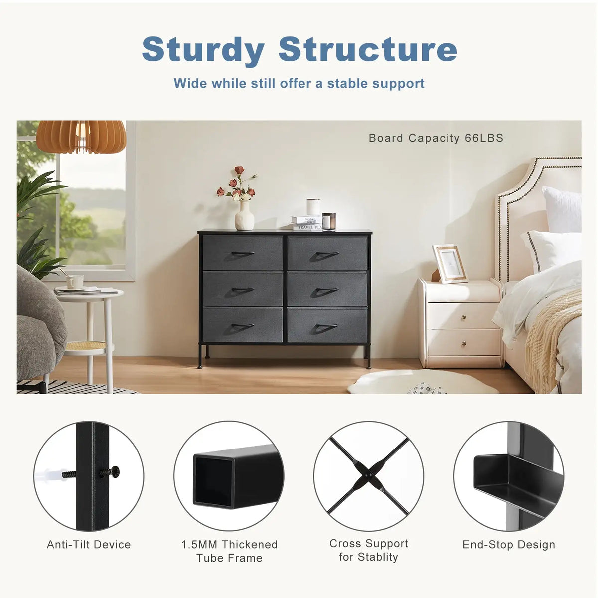 6-Drawer Fabric Dresser with Wooden Top - BaseMaxCore