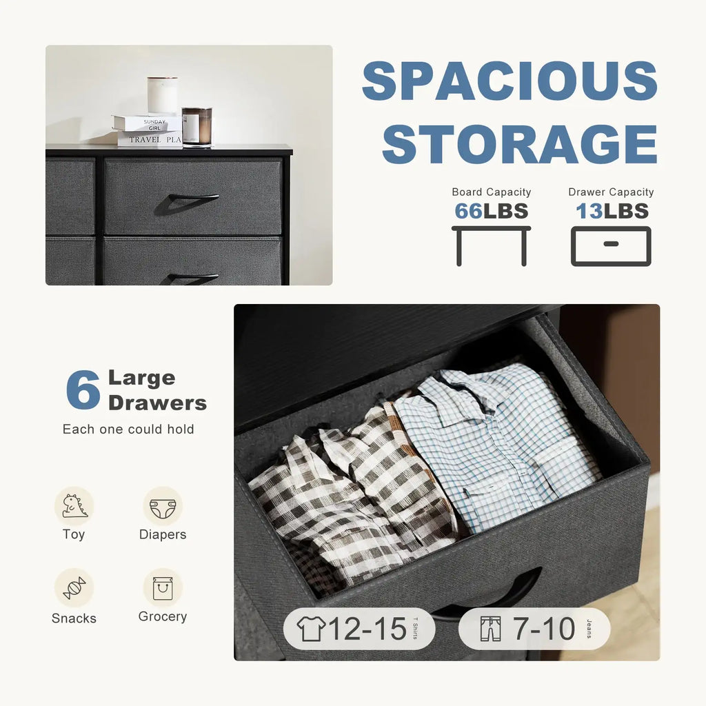 6-Drawer Fabric Dresser with Wooden Top - BaseMaxCore