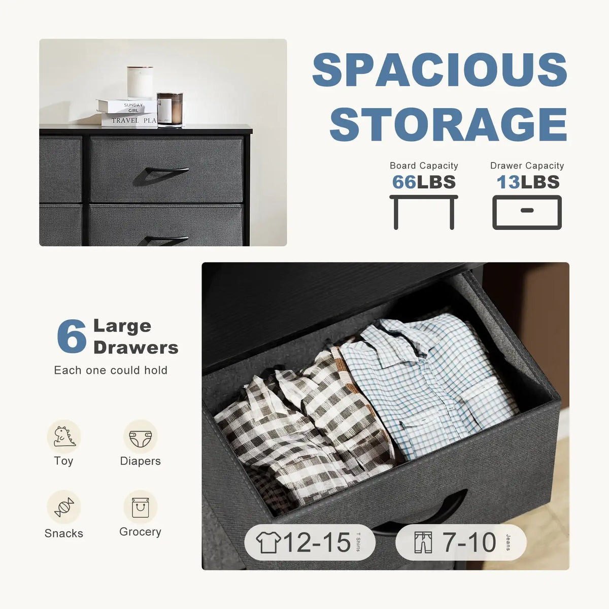 6-Drawer Fabric Dresser with Wooden Top - BaseMaxCore