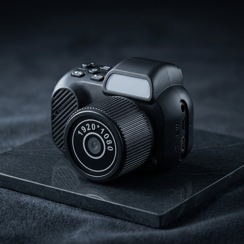 A miniature black camera-shaped device with a textured lens cover, white camera lens markings, and a small gray rectangular window on top, shown on a plain white background.