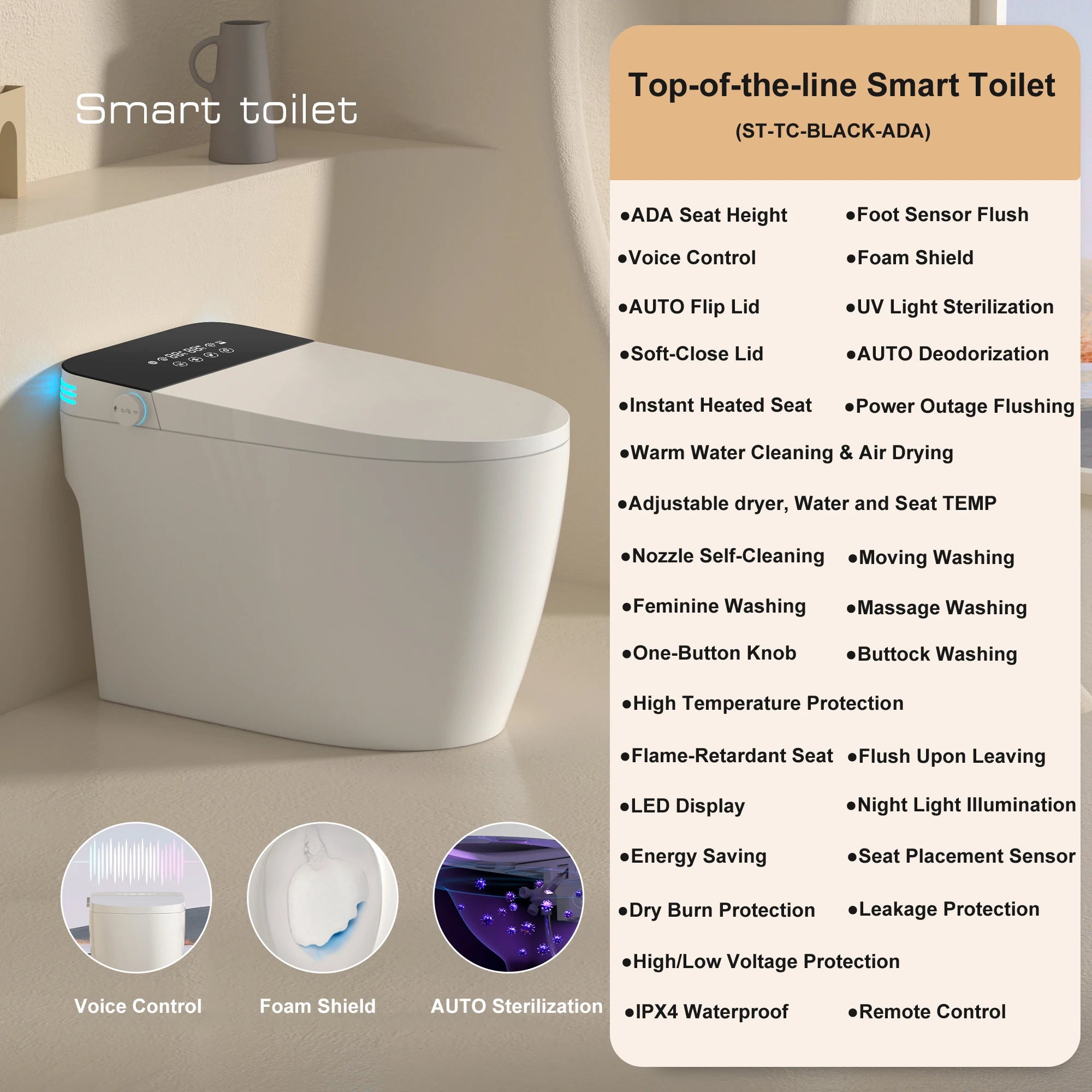 Smart Toilet with Built-in Bidet - Auto Open/Close, Heated Seat, Warm Water Wash & Auto Dual Flush | Model ST-TC01