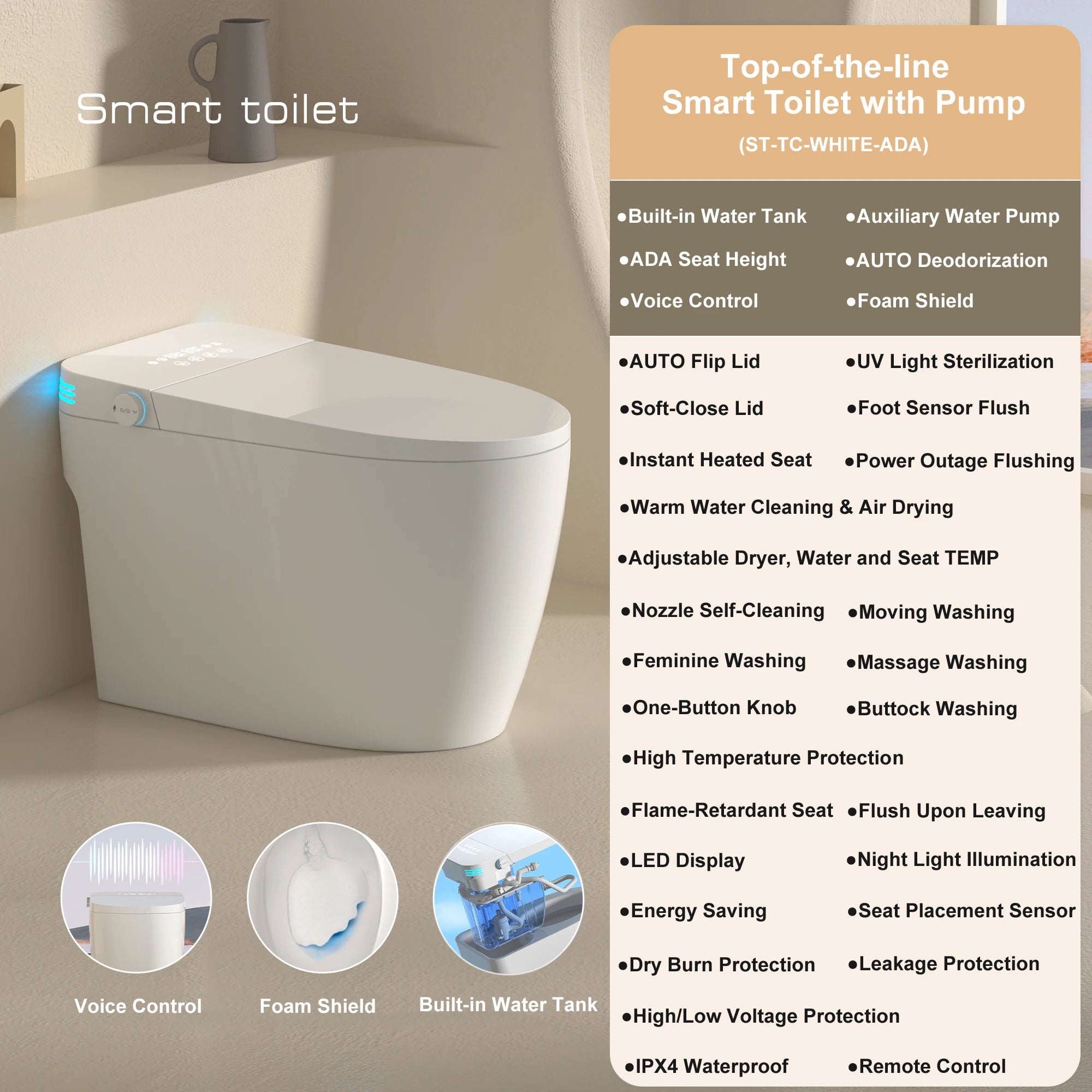 Smart Toilet with Built-in Bidet - Auto Open/Close, Heated Seat, Warm Water Wash & Auto Dual Flush | Model ST-TC01