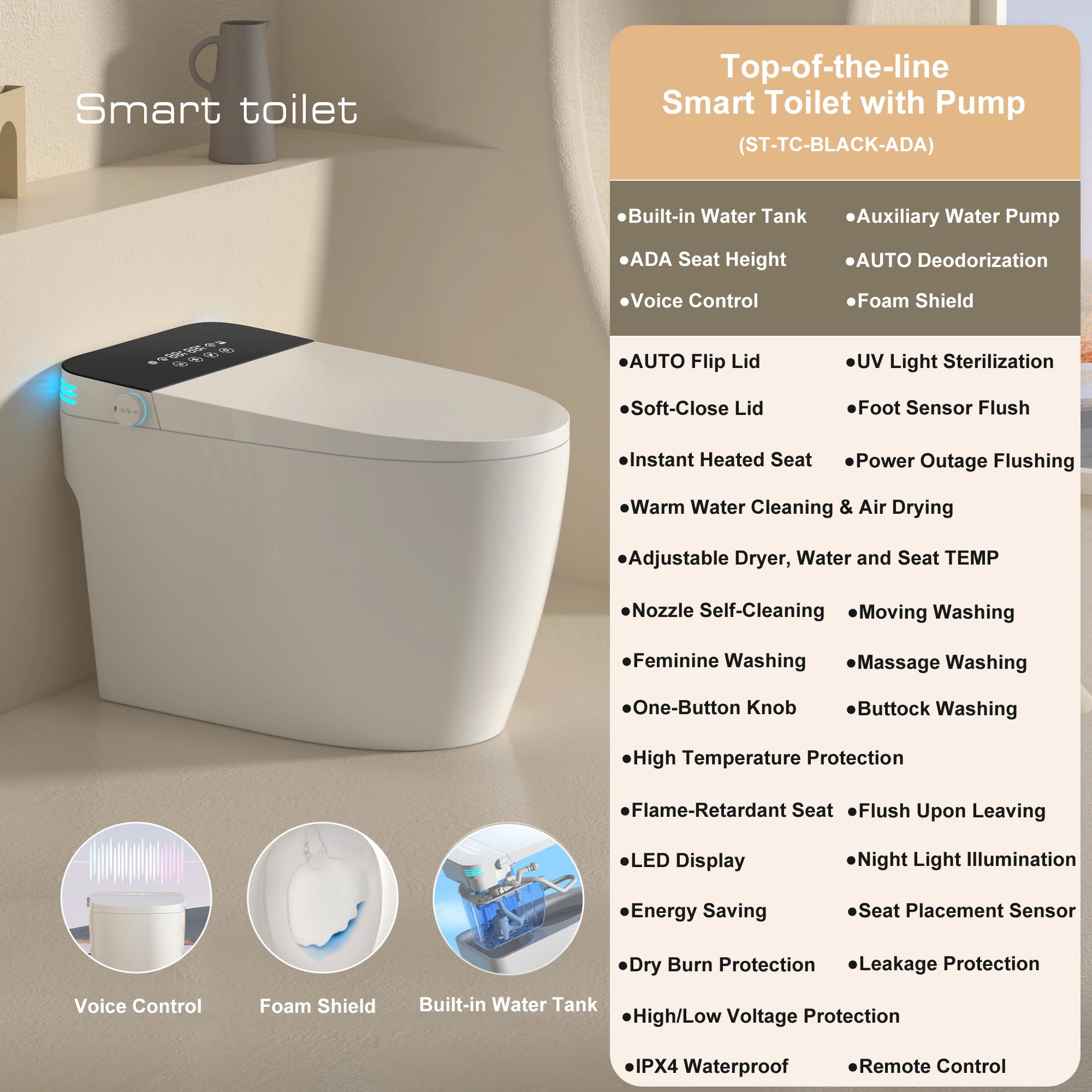 Smart Toilet with Built-in Bidet - Auto Open/Close, Heated Seat, Warm Water Wash & Auto Dual Flush | Model ST-TC01