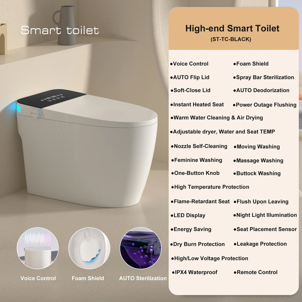 Smart Toilet with Built-in Bidet - Auto Open/Close, Heated Seat, Warm Water Wash & Auto Dual Flush | Model ST-TC01