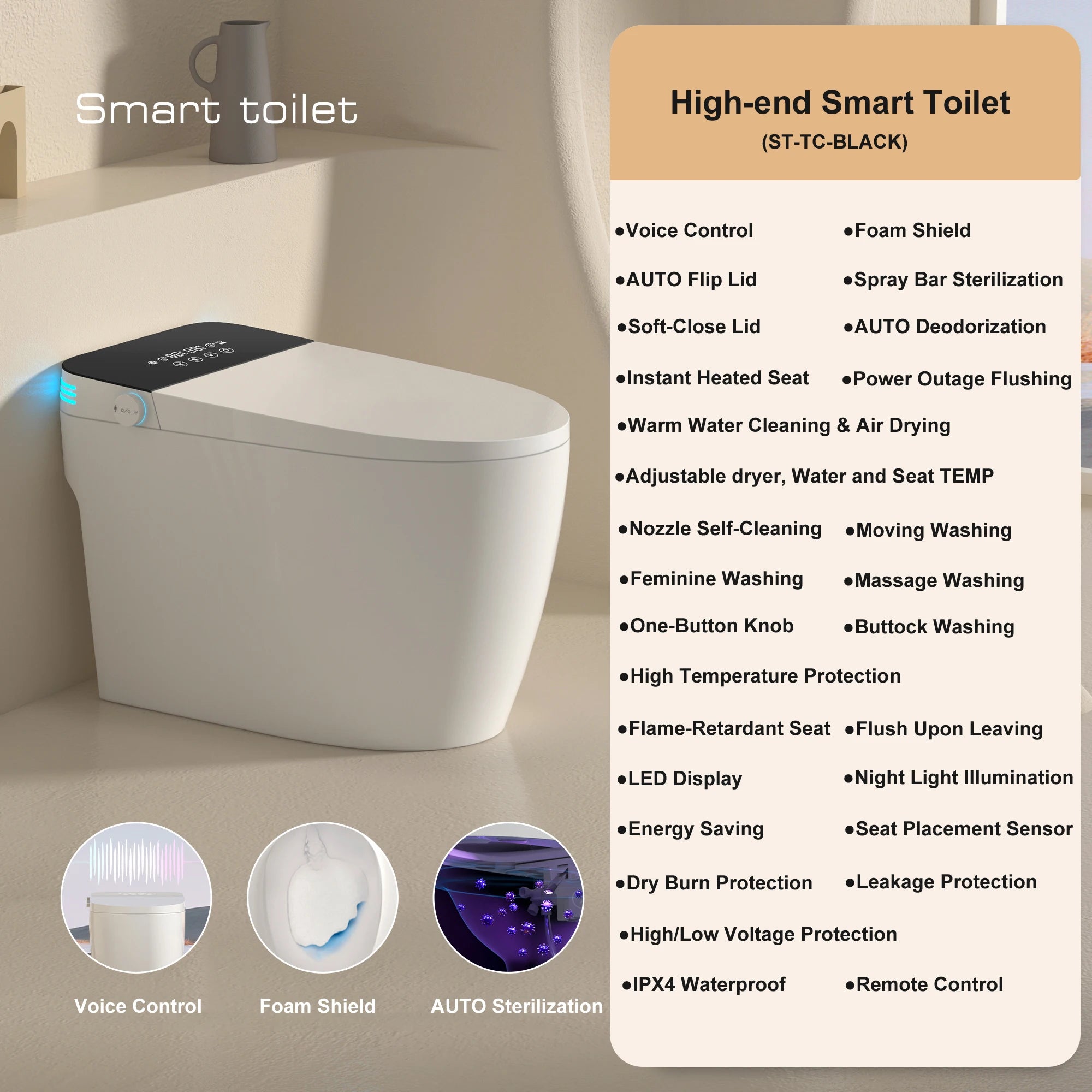 Smart Toilet with Built-in Bidet - Auto Open/Close, Heated Seat, Warm Water Wash & Auto Dual Flush | Model ST-TC01