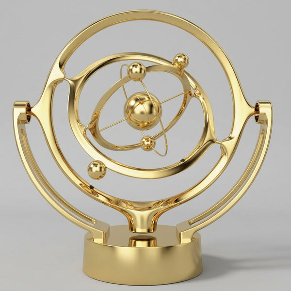 Gold atom model sculpture on a white background