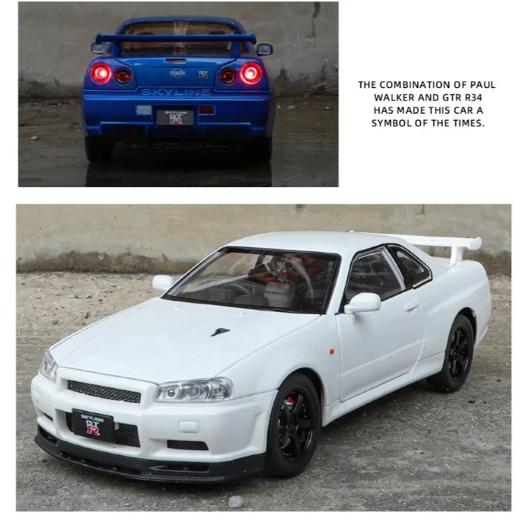 Two images of a blue and white sports car, one with text about Paul Walker and the GTR R34.