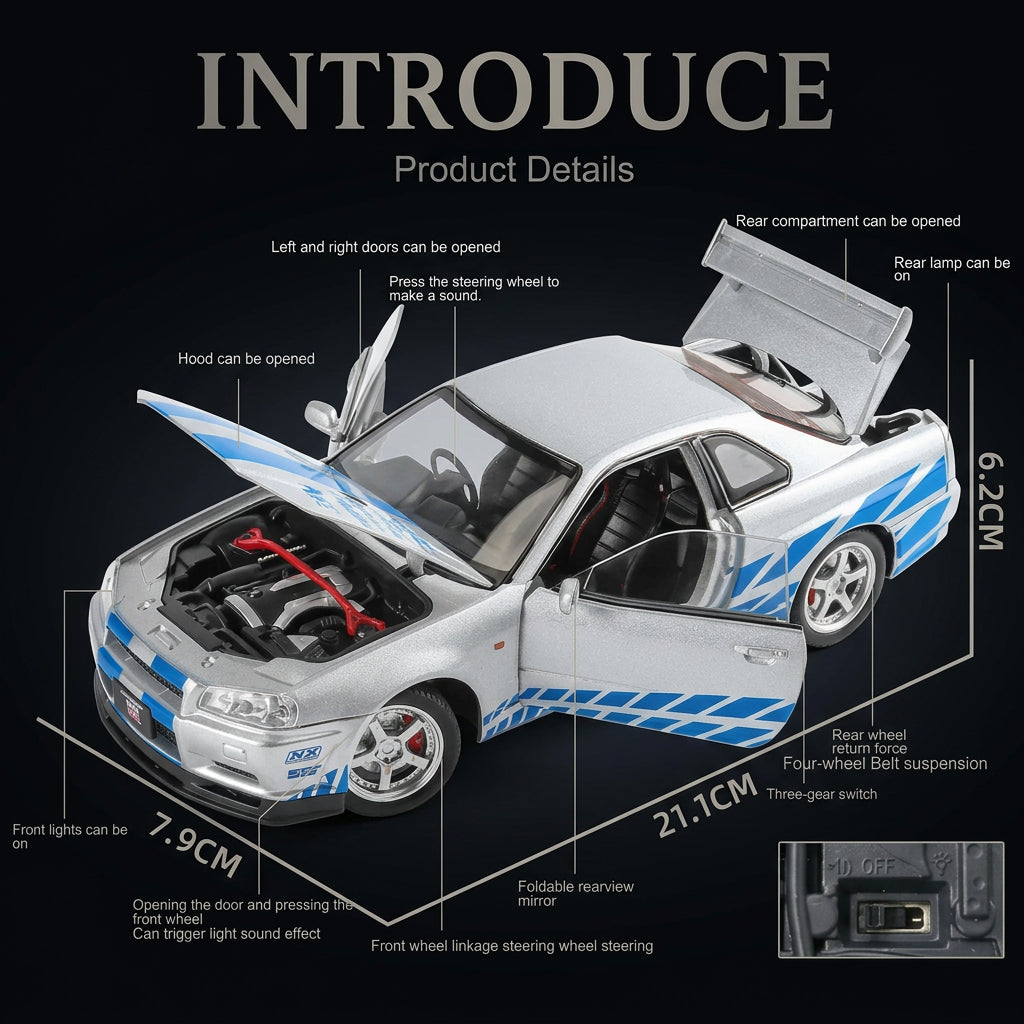Model car with open doors and hood, showing product details and dimensions.