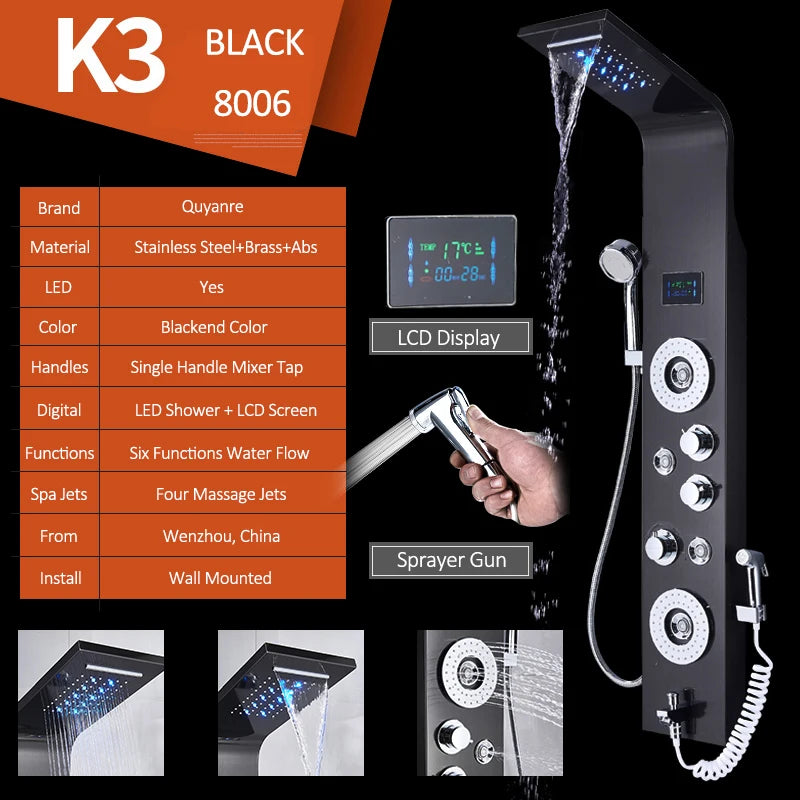 6-Function LED Shower Panel — Rain, Waterfall, Massage Jets, Bidet & More | Brushed Black Nickel