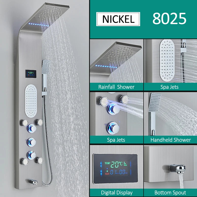 6-Function LED Shower Panel — Rain, Waterfall, Massage Jets, Bidet & More | Brushed Black Nickel
