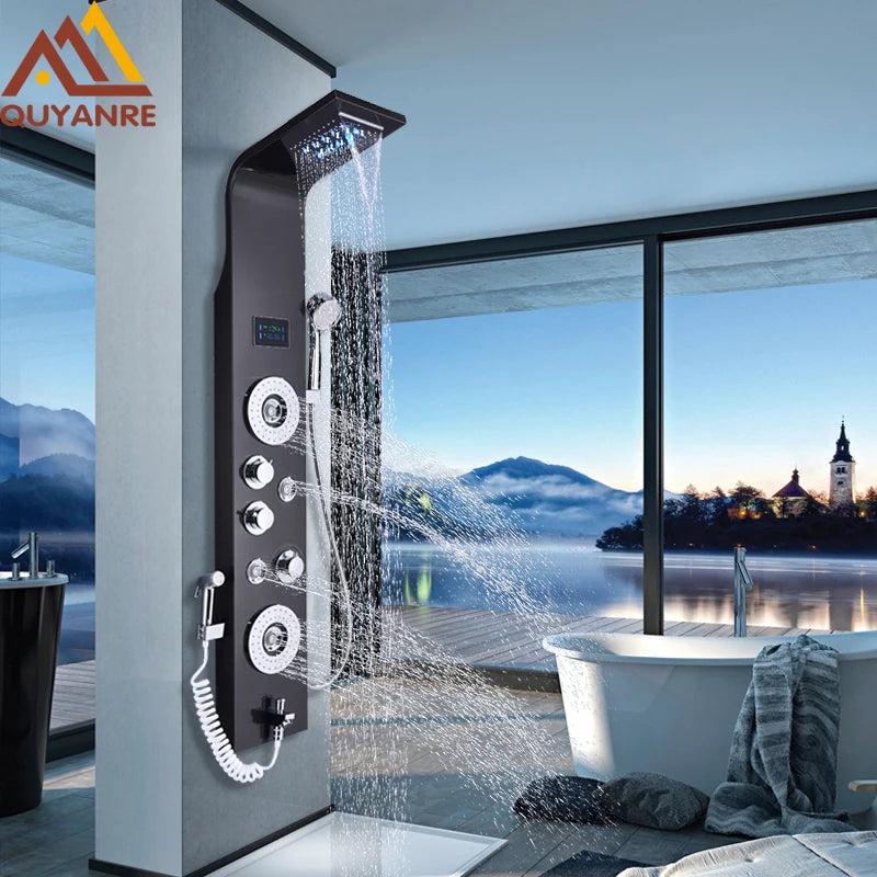 6-Function LED Shower Panel — Rain, Waterfall, Massage Jets, Bidet & More | Brushed Black Nickel