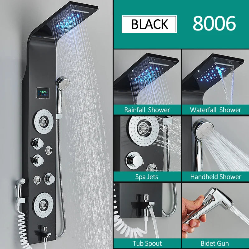 6-Function LED Shower Panel — Rain, Waterfall, Massage Jets, Bidet & More | Brushed Black Nickel
