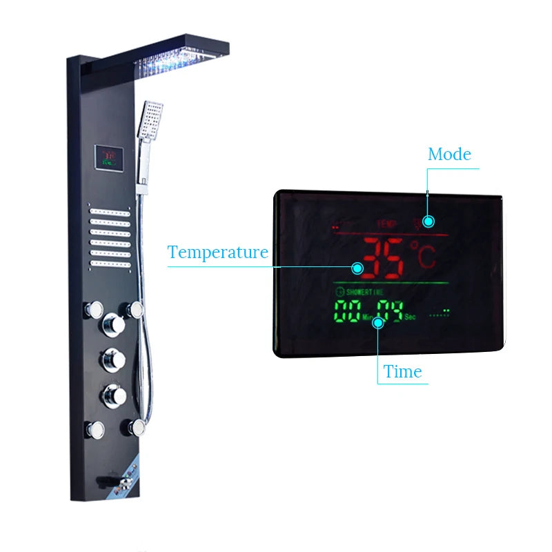Black/Brushed Stainless Steel 5-function Waterfall Rain Shower Panel with Massage System Tub Spout and Handshower Shower Column