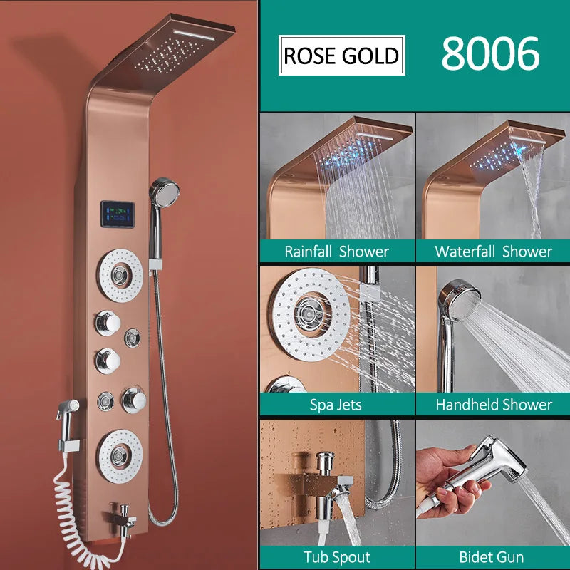 6-Function LED Shower Panel — Rain, Waterfall, Massage Jets, Bidet & More | Brushed Black Nickel