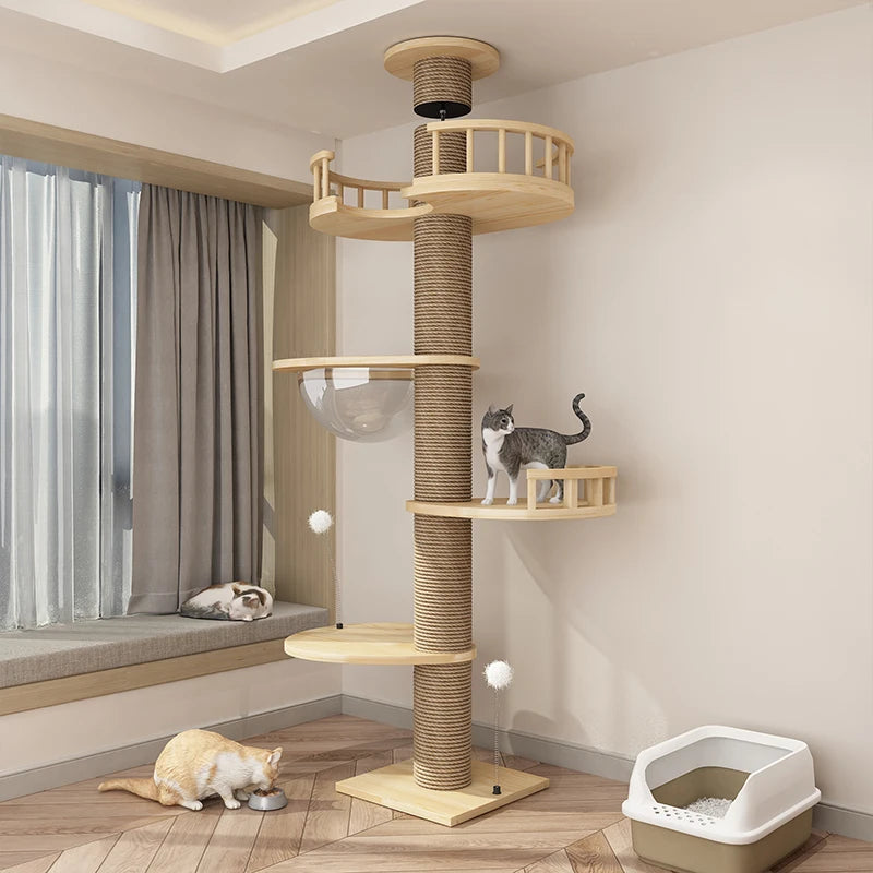 Large Solid Wood Cat Tree Tower – Multi-Level Climbing Frame with Sisal Posts for Indoor Cats