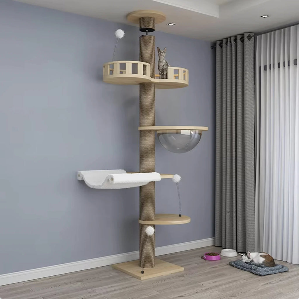 Large Solid Wood Cat Tree Tower – Multi-Level Climbing Frame with Sisal Posts for Indoor Cats