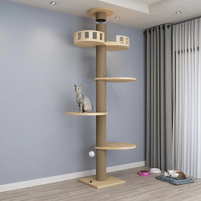 Large Solid Wood Cat Tree Tower – Multi-Level Climbing Frame with Sisal Posts for Indoor Cats