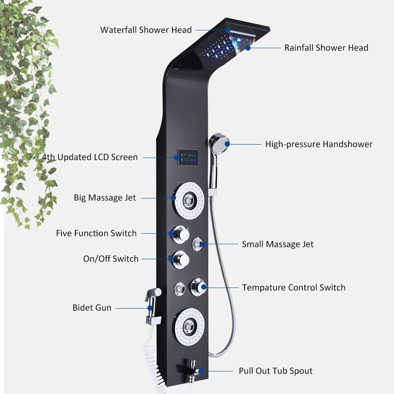 6-Function LED Shower Panel — Rain, Waterfall, Massage Jets, Bidet & More | Brushed Black Nickel