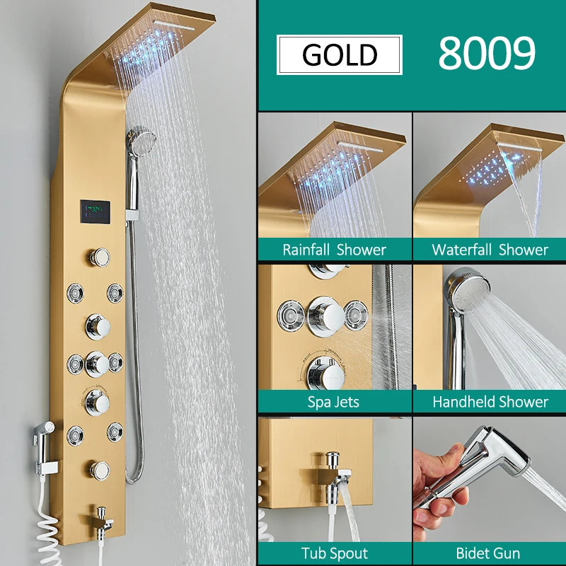 6-Function LED Shower Panel — Rain, Waterfall, Massage Jets, Bidet & More | Brushed Black Nickel