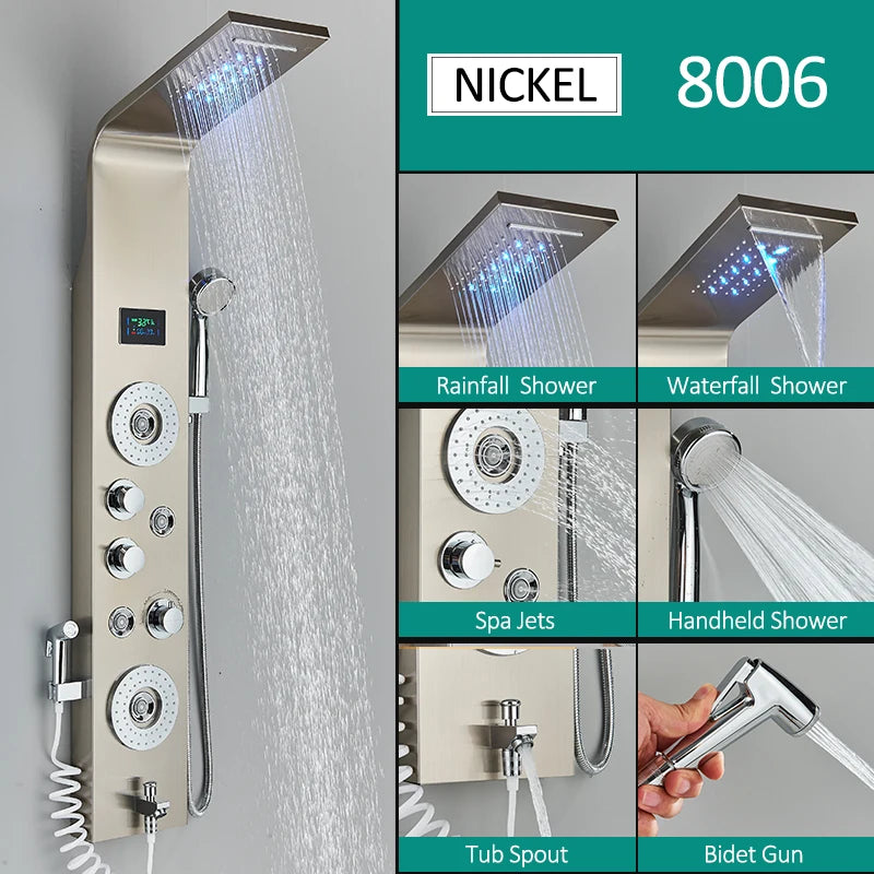 6-Function LED Shower Panel — Rain, Waterfall, Massage Jets, Bidet & More | Brushed Black Nickel