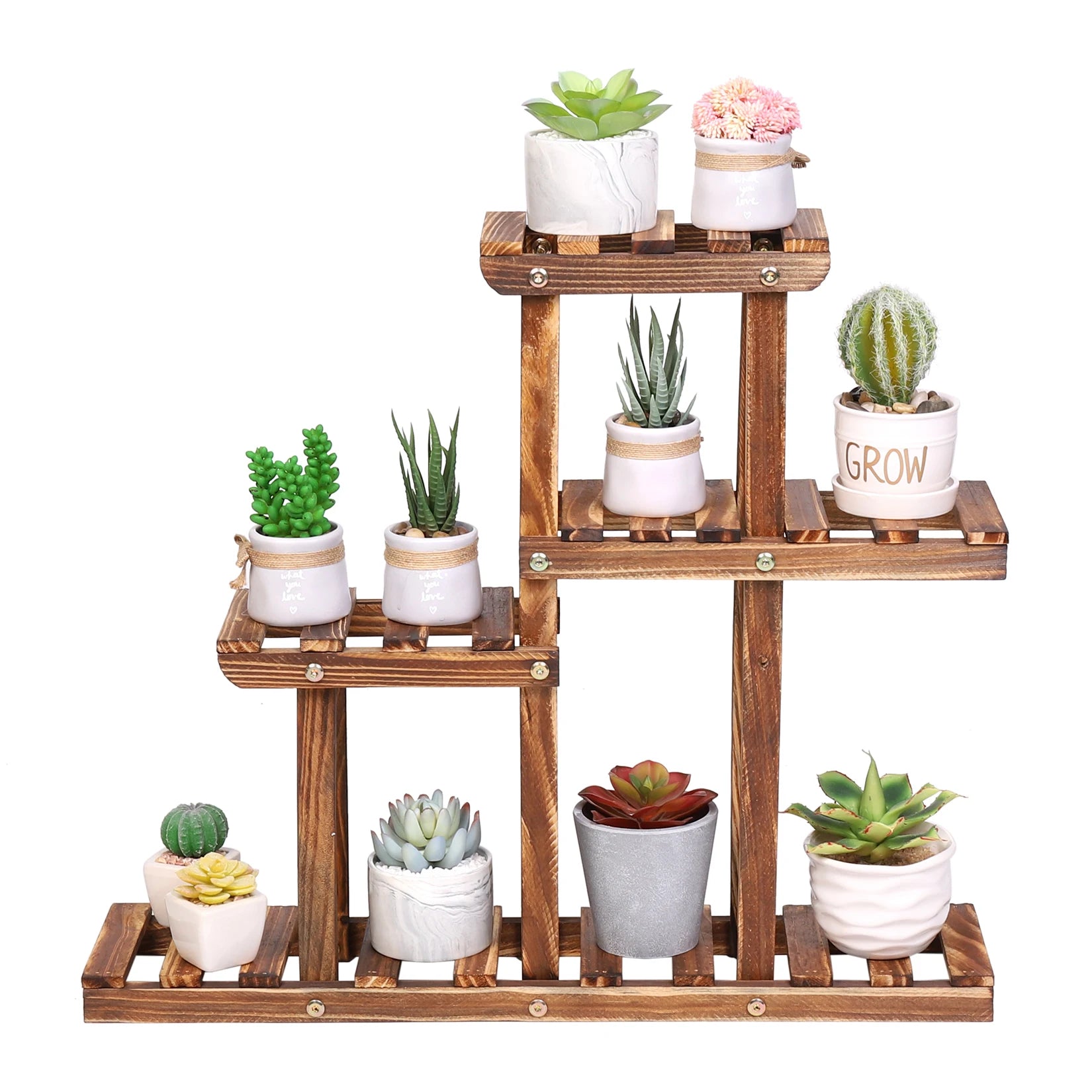 BINGOPAW Carbonised Wood Plant Stand – 4-Tier Multi-Level Succulent Rack for Indoor, Balcony & Garden