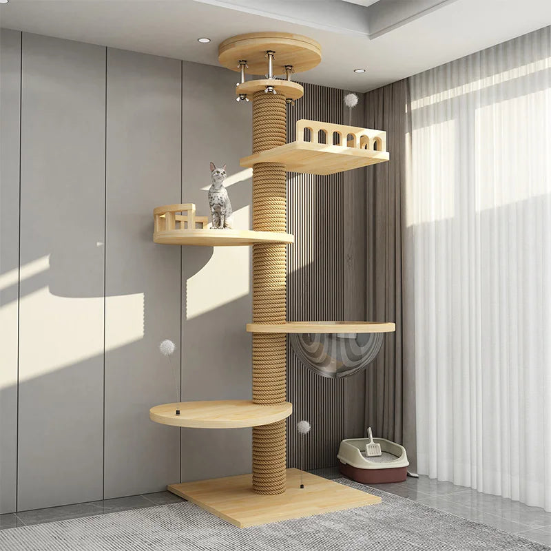 Large Solid Wood Cat Tree Tower – Multi-Level Climbing Frame with Sisal Posts for Indoor Cats