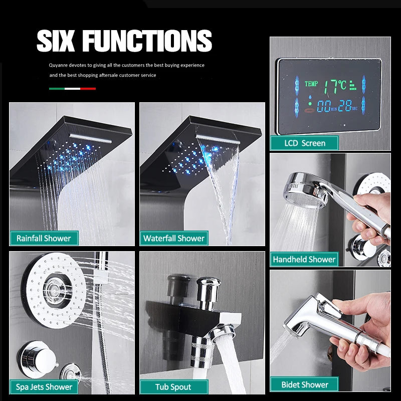 6-Function LED Shower Panel — Rain, Waterfall, Massage Jets, Bidet & More | Brushed Black Nickel