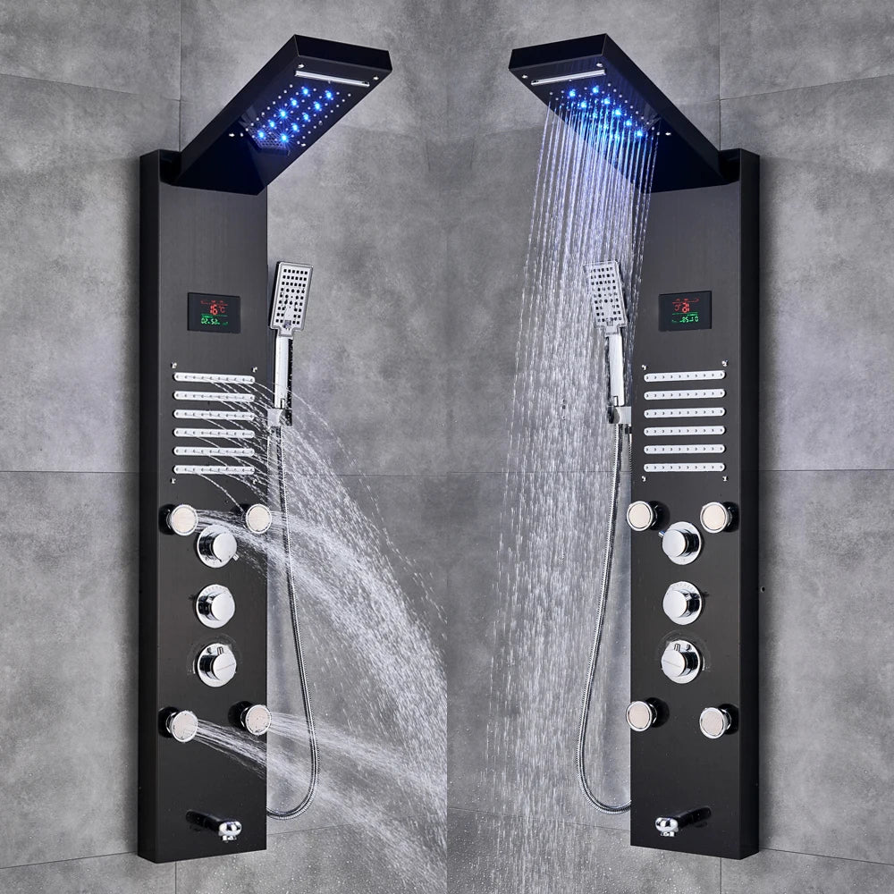 Black/Brushed Stainless Steel 5-function Waterfall Rain Shower Panel with Massage System Tub Spout and Handshower Shower Column