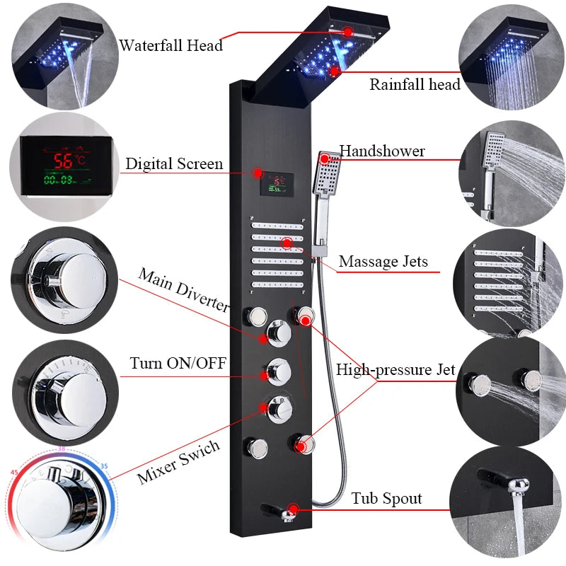 Black/Brushed Stainless Steel 5-function Waterfall Rain Shower Panel with Massage System Tub Spout and Handshower Shower Column
