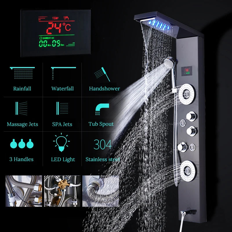 Luxury Black/Brushed Bathroom Shower Faucet LED Shower Panel Column Bathtub Mixer Tap With Hand Shower Temperature Screen