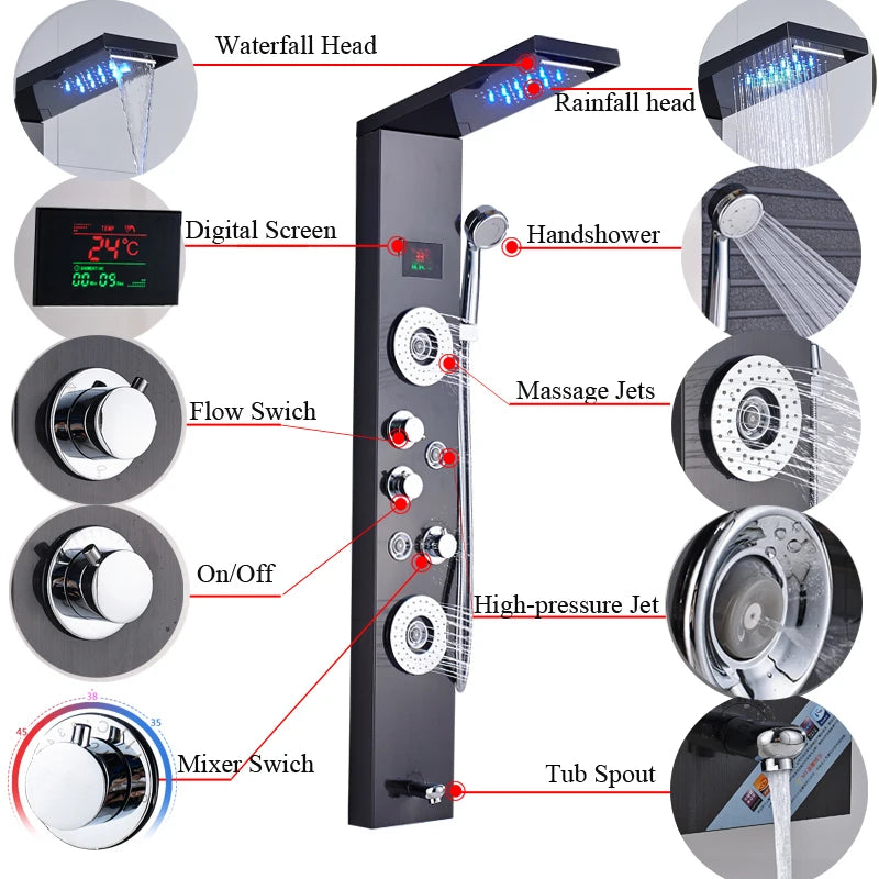 Luxury Black/Brushed Bathroom Shower Faucet LED Shower Panel Column Bathtub Mixer Tap With Hand Shower Temperature Screen