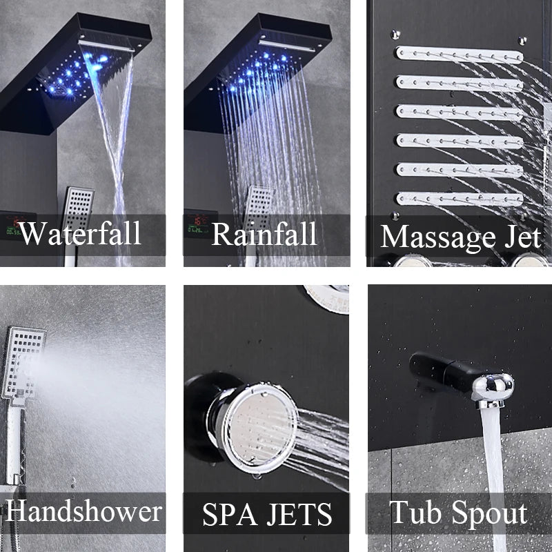 Black/Brushed Stainless Steel 5-function Waterfall Rain Shower Panel with Massage System Tub Spout and Handshower Shower Column