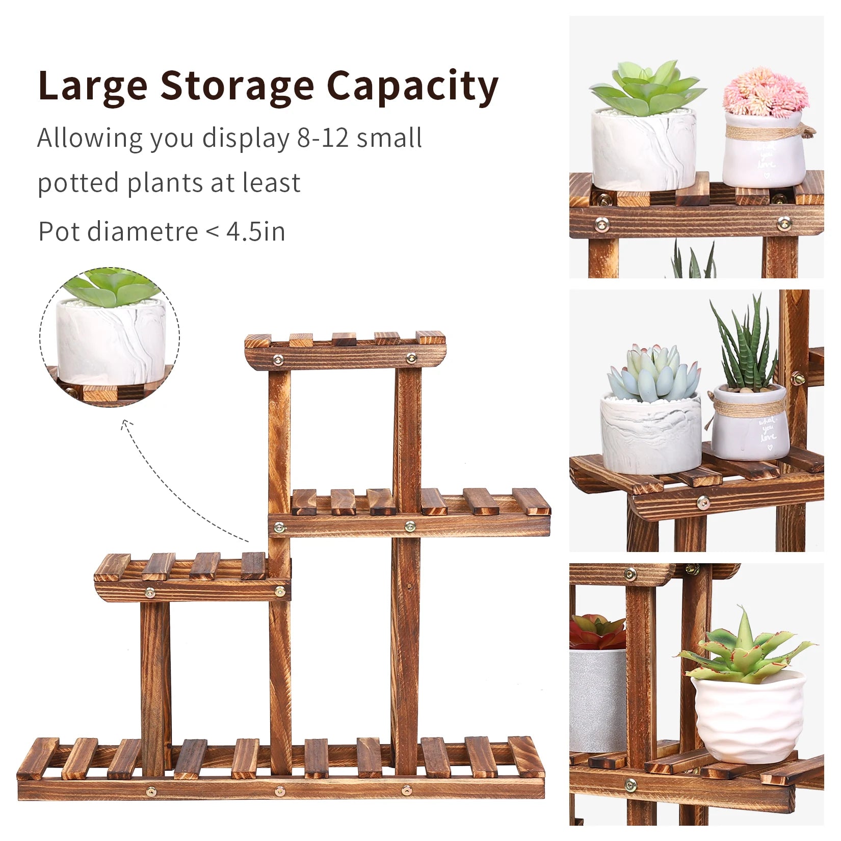 BINGOPAW Carbonised Wood Plant Stand – 4-Tier Multi-Level Succulent Rack for Indoor, Balcony & Garden