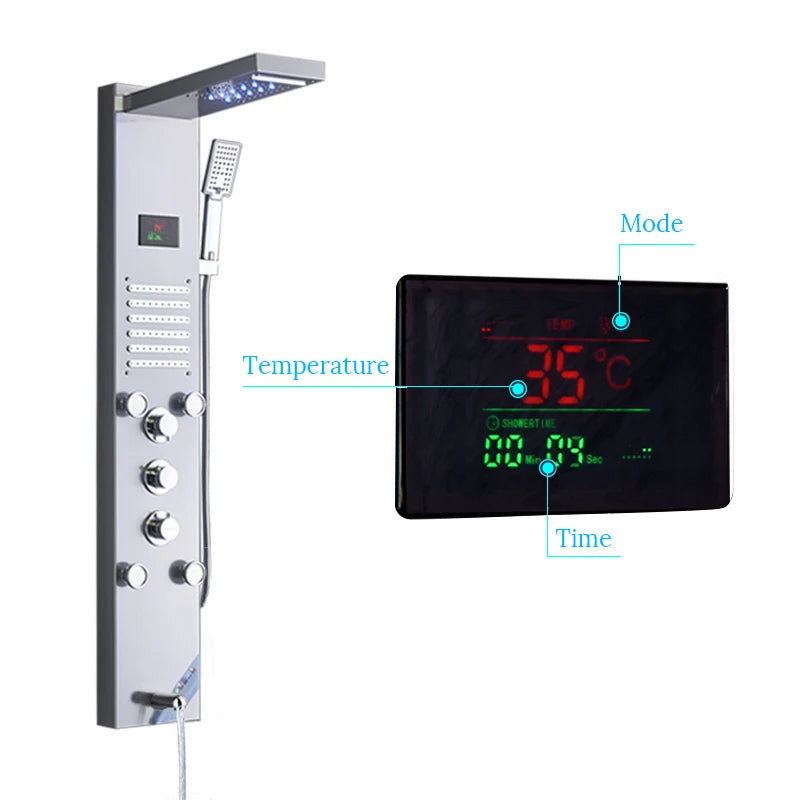 Black/Brushed Stainless Steel 5-function Waterfall Rain Shower Panel with Massage System Tub Spout and Handshower Shower Column