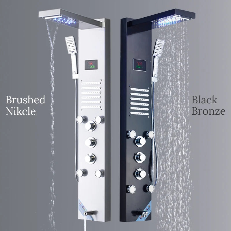 Black/Brushed Stainless Steel 5-function Waterfall Rain Shower Panel with Massage System Tub Spout and Handshower Shower Column