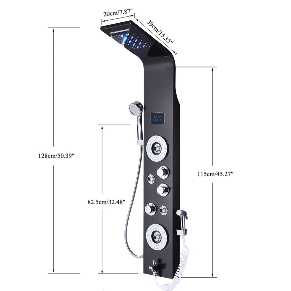 6-Function LED Shower Panel — Rain, Waterfall, Massage Jets, Bidet & More | Brushed Black Nickel