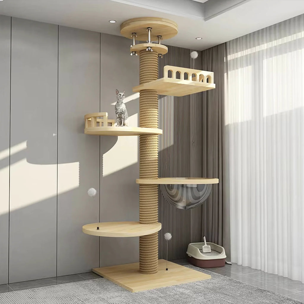 Large Solid Wood Cat Tree Tower – Multi-Level Climbing Frame with Sisal Posts for Indoor Cats