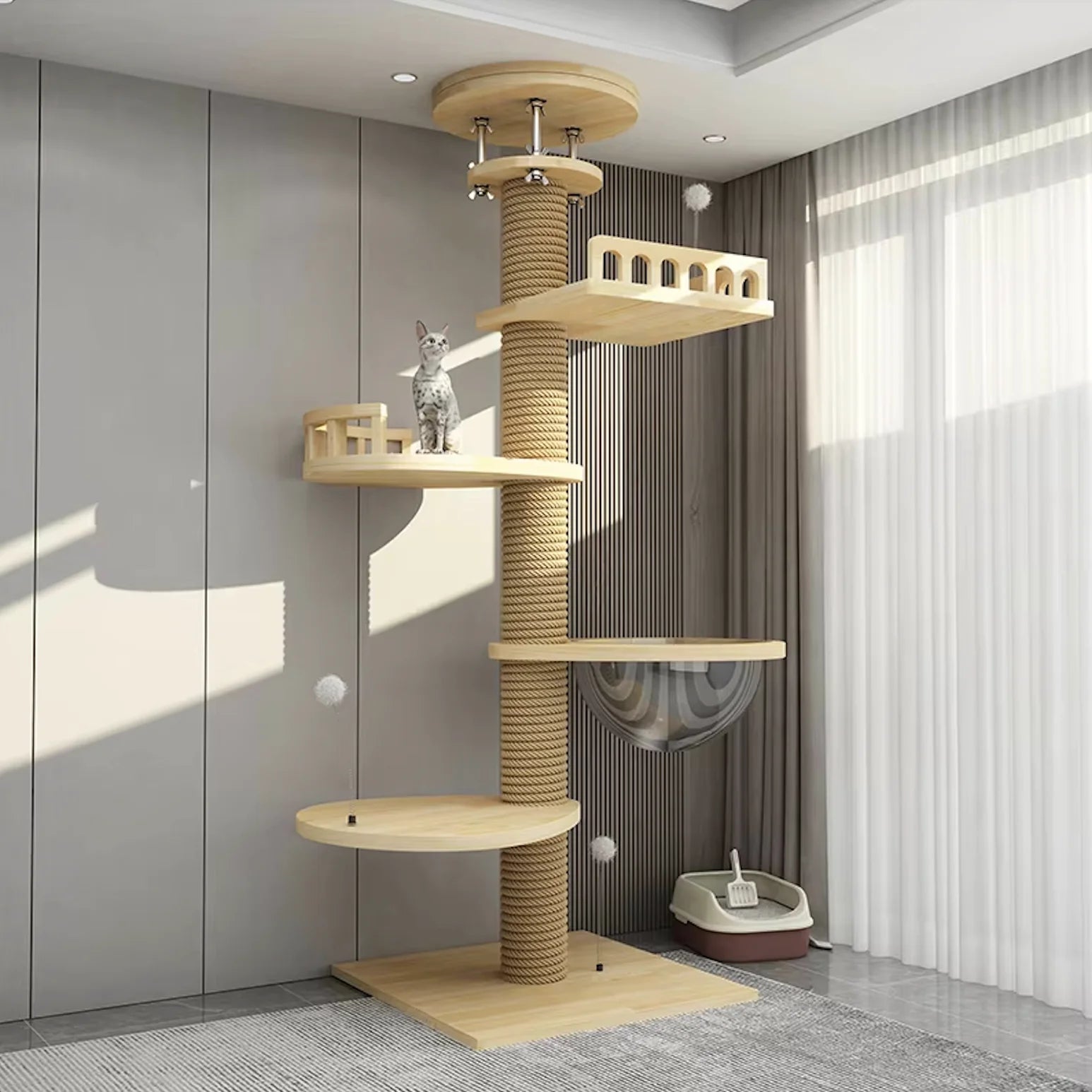 Large Solid Wood Cat Tree Tower – Multi-Level Climbing Frame with Sisal Posts for Indoor Cats