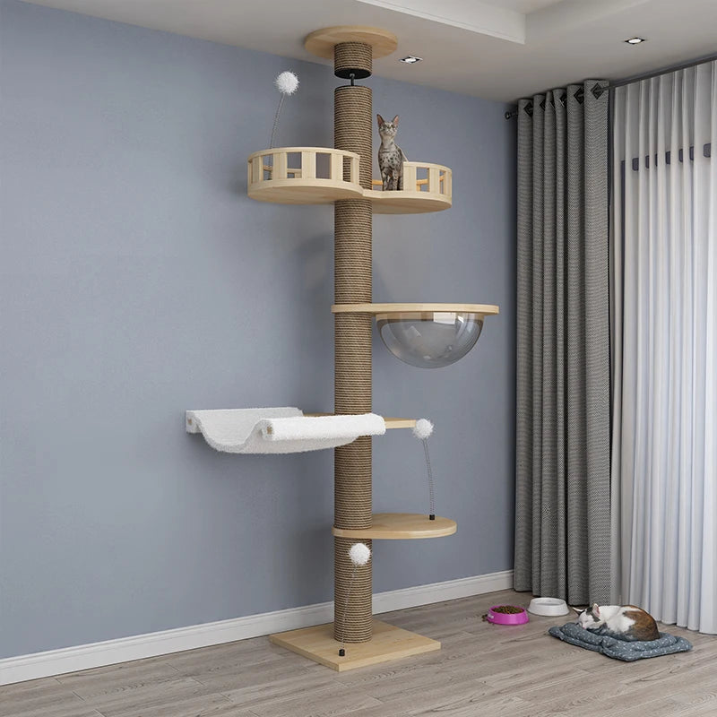 Large Solid Wood Cat Tree Tower – Multi-Level Climbing Frame with Sisal Posts for Indoor Cats