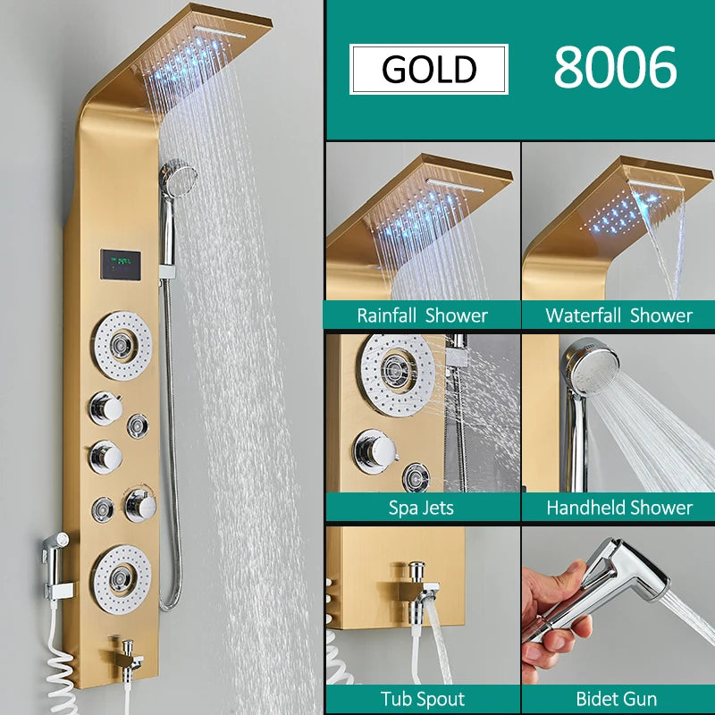 6-Function LED Shower Panel — Rain, Waterfall, Massage Jets, Bidet & More | Brushed Black Nickel