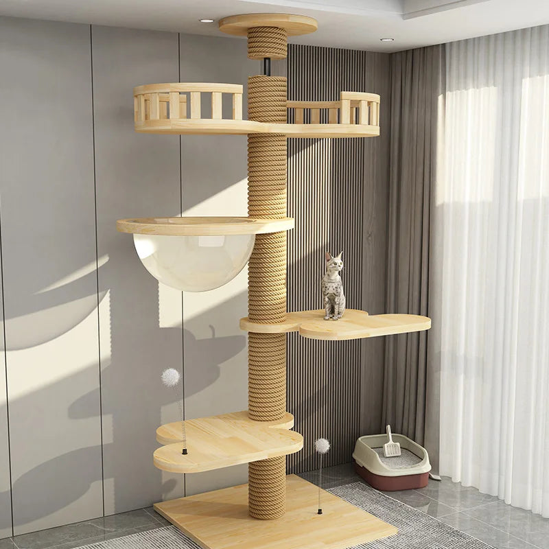 Large Solid Wood Cat Tree Tower – Multi-Level Climbing Frame with Sisal Posts for Indoor Cats