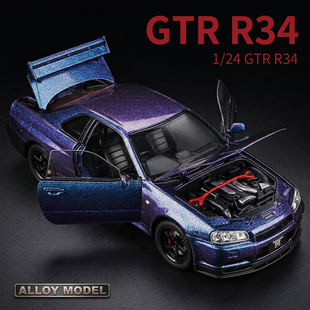 A 1/24 scale alloy model of a blue and purple glitter Nissan GTR R34, shown with its doors, trunk, and hood open to display the detailed engine bay, on a light gray background with red text overlay.